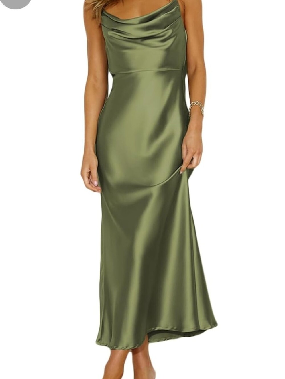 Olive Green Satin Cowl Neck Slip Dress